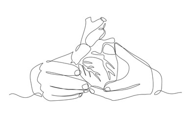 Continuous single line of hand holding human heart organ anatomy cardiology medical concept. Sketch drawing heart donor donation vector illustration editable stroke