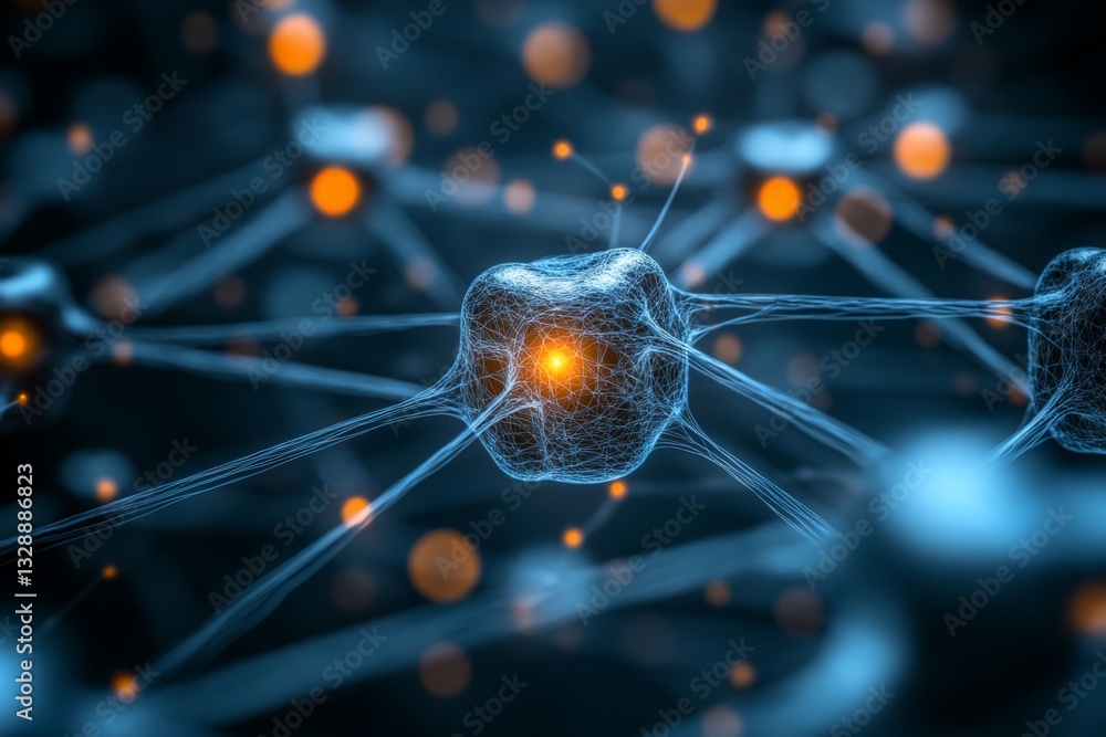 Poster Network of interconnected neurons illuminated in a digital format at night