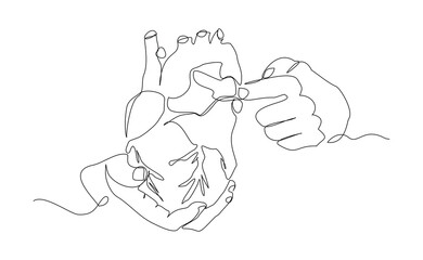 Continuous single line of hand holding human heart organ anatomy cardiology medical concept. Sketch drawing heart donor donation vector illustration editable stroke