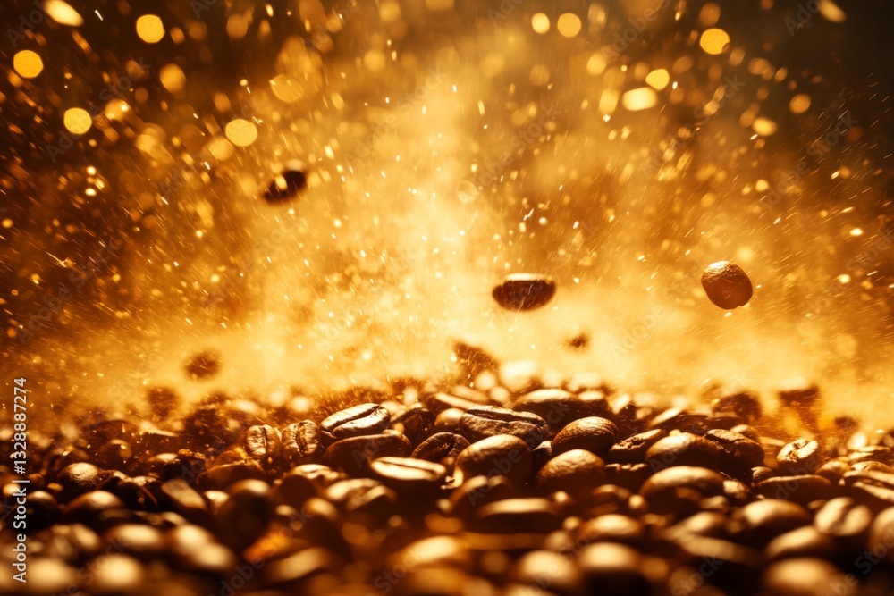 Poster coffee beans scattered with golden dust during roasting in a warm, aromatic environment
