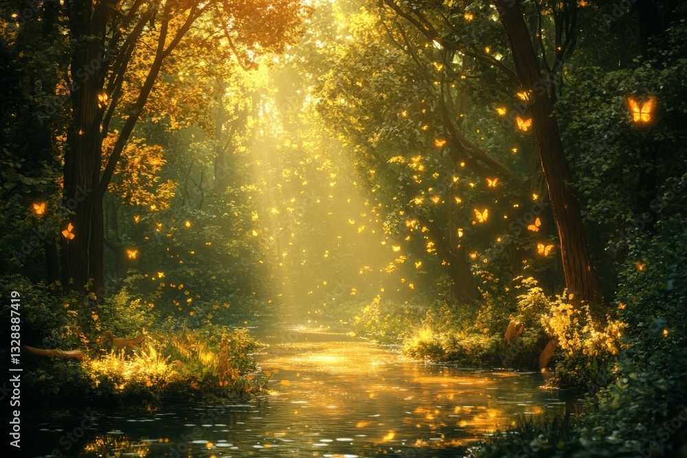 Aufkleber Golden sunlight filters through trees illuminating a serene forest with fluttering butterflies above a tranquil stream