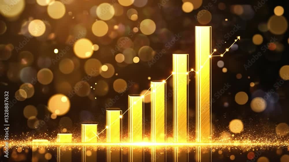 Poster golden bar graph chart analyzing financial growth and success in business with sparkling data statis