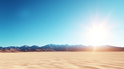 Vast desert landscape under a vibrant blue sky with mountains in the distance