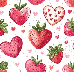 Gordijnen Cute summer juicy strawberries and hearts on a white background. Picturesque background. Valentine's Day © Tatiana 