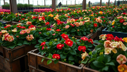 Crates with Dutch geranium plants ready for export, glowing neon. isolated with white highlights