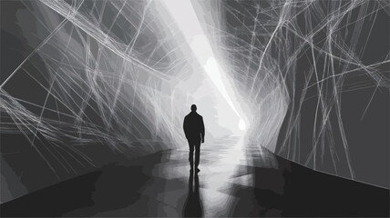 The image is a monochrome photograph or digital artwork depicting a lone male silhouette walking down a long corridor or tunnel. The space is filled with abstract, light-colored, web-like lines