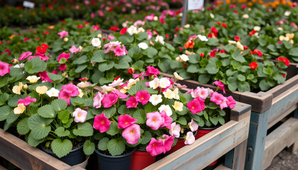 Fototapeta premium Crates with Dutch geranium plants ready for export. isolated with white highlights