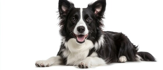 A black and white dog resting on the ground, its fur blending in with the surroundings