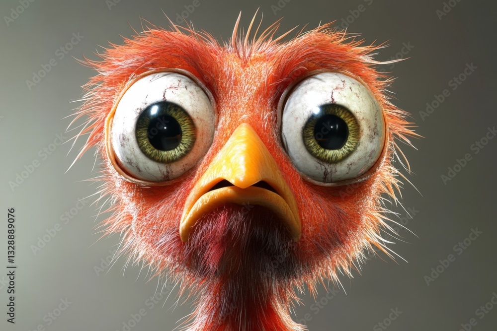 Poster Unique cartoon bird with large expressive eyes displaying a sad expression in a colorful, stylized illustration