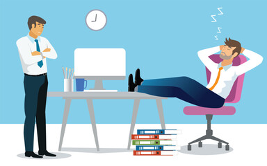 Businessman overworked  sleeping front of computer on desk with paper document folder stack at workplace. Tired office worker, company employee, exhausted businessman take nap. Fatigue and work,