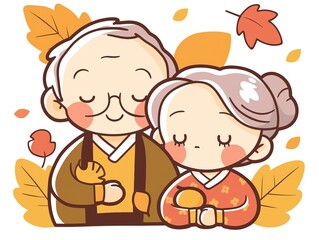 Fototapeta premium Happy Senior Couple Autumn Leaves Cartoon Illustration