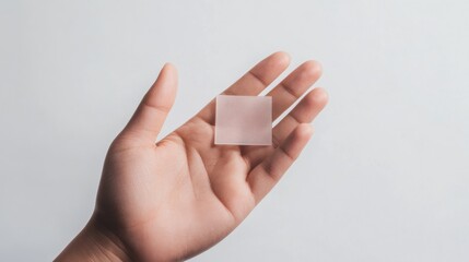 A hand holding a small wearable health sensor patch, applied to human skin for real-time health monitoring, High-tech style