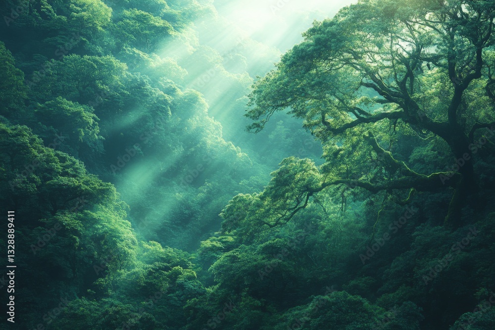 Aufkleber sunlight filtering through lush green trees in a serene forest during the early morning hours