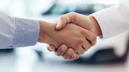 Car buyer and salesman finalize purchase with a handshake at a luxury dealership, showcasing professionalism