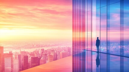 Fototapeta premium A person stands by a large window, contemplating life while gazing at the vibrant cityscape below