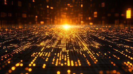 Glowing digital grid lines converge to bright light.