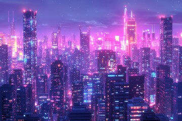 Obraz premium Vibrant neon city skyline illuminated by colorful lights at night in a futuristic urban landscape