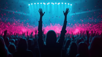 Obraz premium Enthusiastic Concert Audience Silhouetted Against Colorful Stage Lights with Hands Raised in Celebration During Live Music Performance
