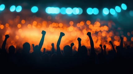Silhouetted Crowd Raising Fists in Celebration at a Lively Concert with Vibrant Lights and a Colorful Background
