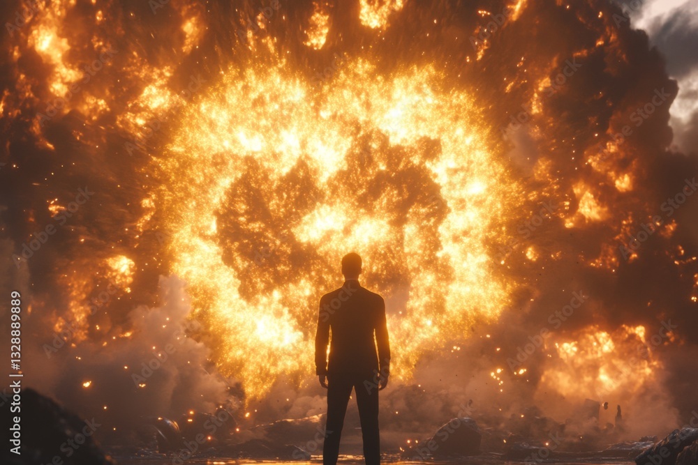 Aufkleber man stands in front of a massive explosion lighting up the dark landscape at dusk