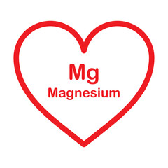 Magnesium Mg symbol inside of a Red heart isolated on white background, vector illustration icon flat outline design. Healt care concept sign. Magnesium supplement b6 vitamin food Mg potassium. EPS 10