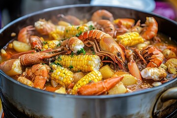Spicy crawfish boil with corn and potatoes. Perfect for restaurant menus, food blogs, or recipes showcasing Louisiana cuisine.