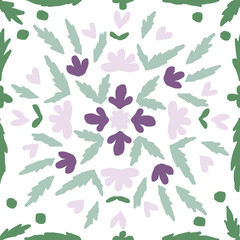 Lilac flowers. Floral pattern of lilac flowers and green leaves on a white background. Seamless pattern.