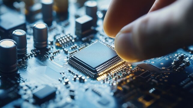 A hand inserting a quantum processor chip into a quantum computer motherboard, visible gold connectors and circuit paths, clean high-tech lab background