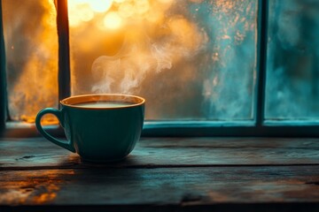 Obraz premium Warm cup of coffee resting on a windowsill during sunrise with steamy aroma filling the air