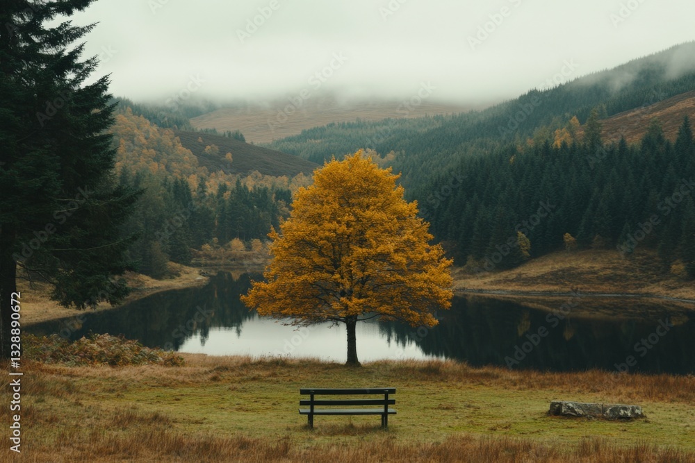 Poster autumn tree stands alone by a tranquil lake in a mountainous landscape during overcast weather