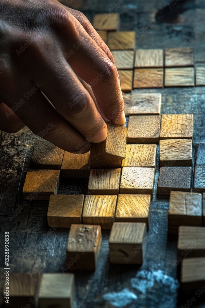 Poster a person's hand places a wooden block on a table in a simple and deliberate action