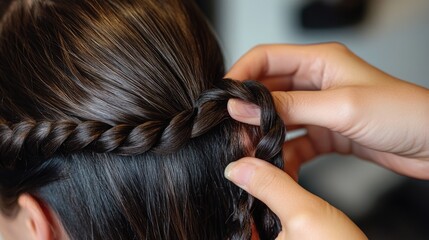 Fototapeta premium A woman sitting in front of a mirror, braiding her hair