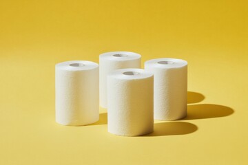 Four rolls of white paper towels are arranged on a vibrant yellow background, highlighting their texture and clean appearance.