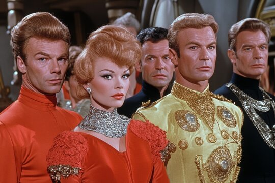 Futuristic gathering of elegantly dressed characters in a sci-fi setting with bright colors and dramatic hairstyles during an intergalactic event