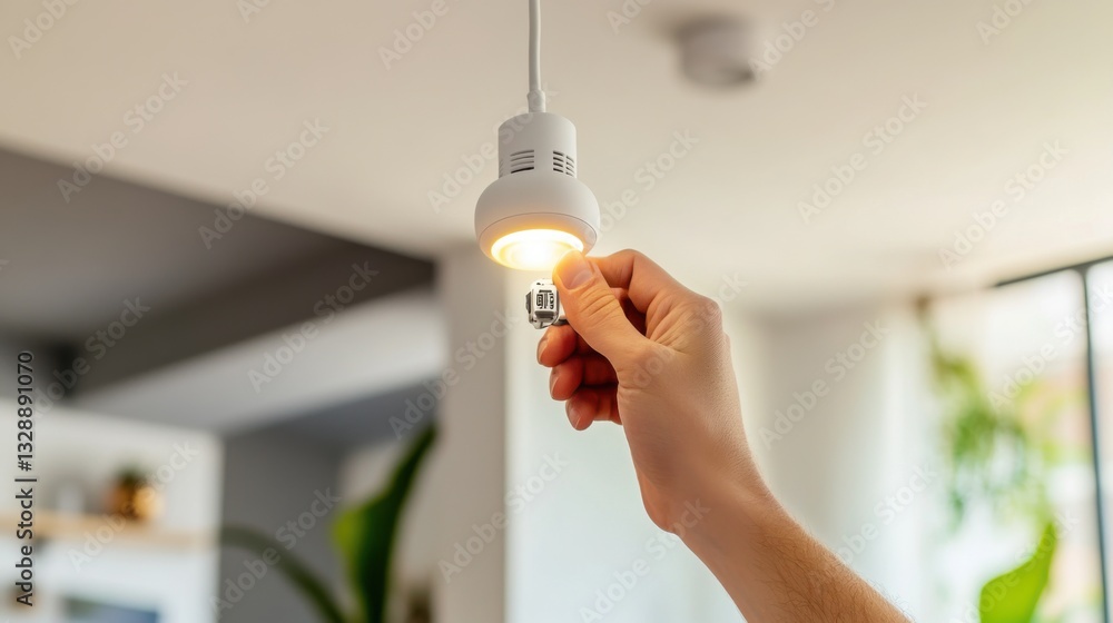 Wall mural a hand installing a smart lightbulb into a modern ceiling socket, visible smart bulb components and 