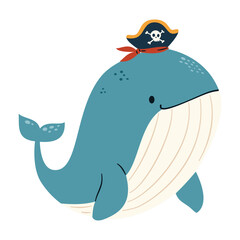 Flat vector illustration in a simple children's style. Cute whale with pirate hat on white background . Vector illustration