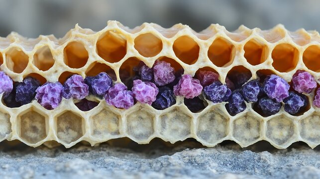 Beehive cells filled with purple pollen. - Powered by Adobe