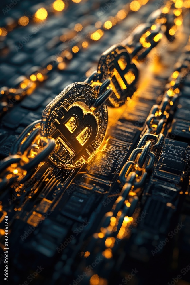 Aufkleber A bitcoin token sits on top of a computer keyboard, indicating digital currency and technology