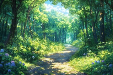 Obraz premium Lush green forest pathway illuminated by sunlight with blooming flowers during a clear day