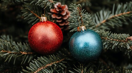 Obraz premium Red and teal Christmas ornaments hanging on a pine tree branch.