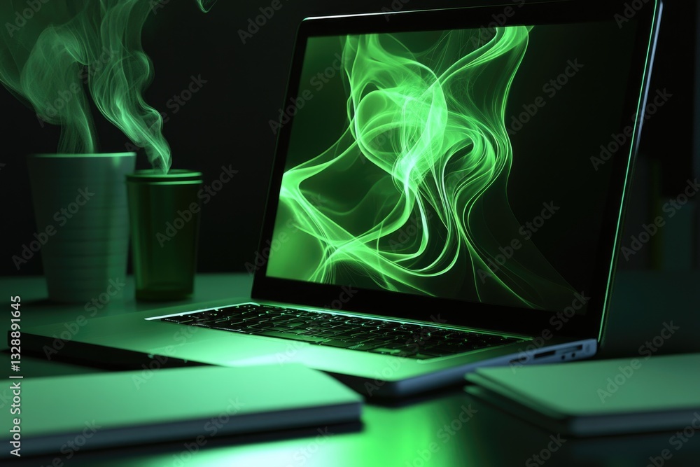 Poster a laptop computer placed on a desk with minimal surroundings
