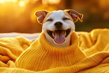 Obraz premium Happy dog in autumn sunset, cozy blanket