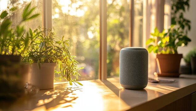 Smart speaker by window, sunlight, plants (1)