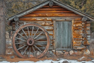 Fototapeta premium Rustic log cabin with a large wagon wheel in a winter landscape surrounded by trees and rocks in a serene setting