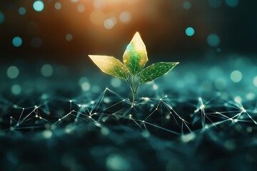 Abstract polygonal plant growing on network. Illustrates growth, technology, and innovation.
