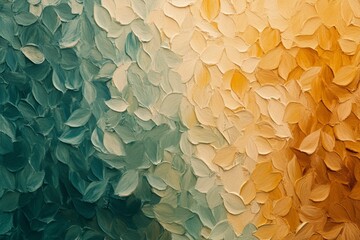 Beautiful textured artwork featuring creamy leaf shapes in blue, beige, and golden hues, showcasing a unique blend of colors and details