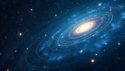 Obraz premium An artistic interpretation of the solar system with planets orbiting dynamically amidst a swirling galactic backdrop, exuding cosmic wonder, Planets in space, illustration, created with generative ai