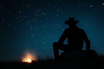 Cowboy enjoys a quiet night under the stars beside a campfire in a tranquil outdoor setting