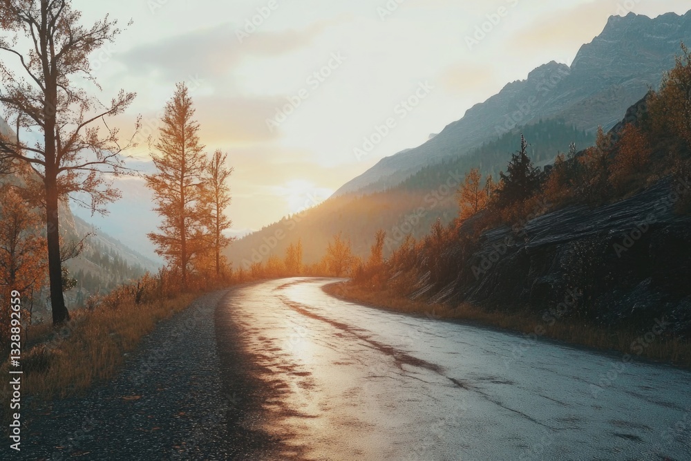 Poster A wet road with trees and mountains in the background, ideal for use in travel or adventure-themed projects