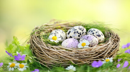 Obraz premium Colorful eggs in nest surrounded by flowers and greenery, evoking spring joy